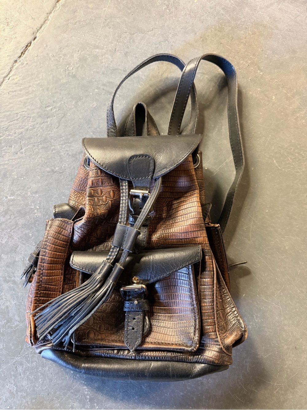 Freebird by Steven Brown and Black Croc-Embossed Backpack with Tassel